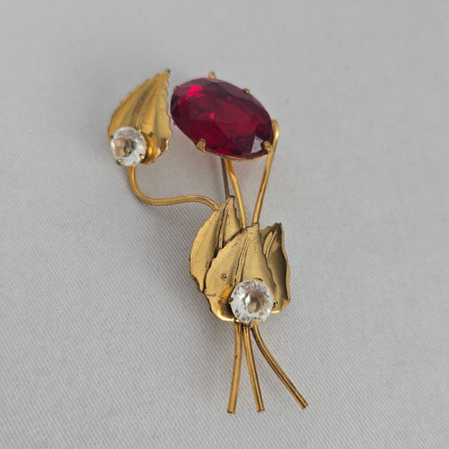 Vintage Gold-Tone Floral Brooch with Red Oval Stone