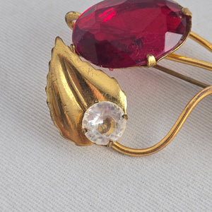 Vintage Gold-Tone Floral Brooch with Red Oval Stone