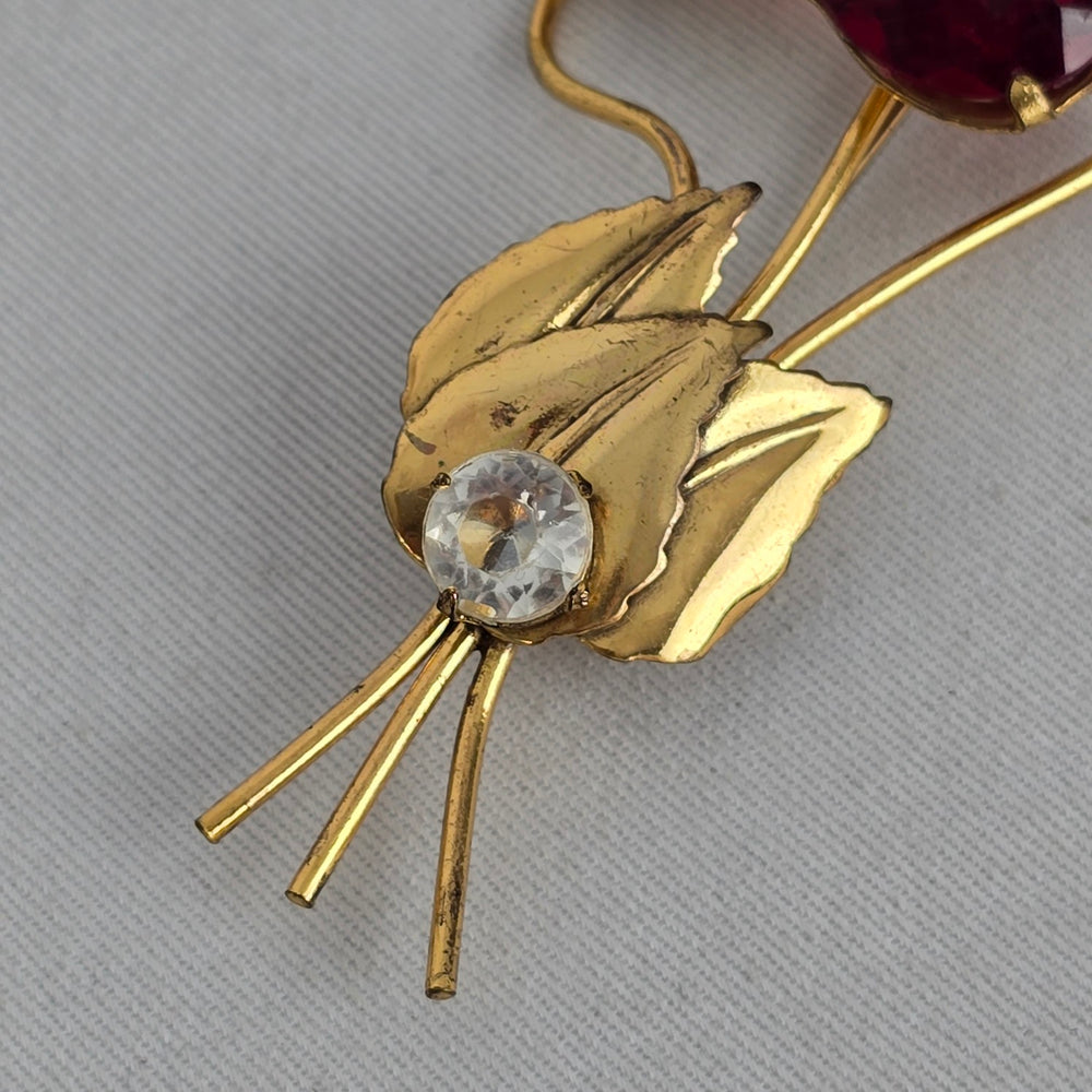 Vintage Gold-Tone Floral Brooch with Red Oval Stone