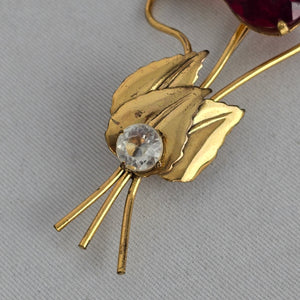 Vintage Gold-Tone Floral Brooch with Red Oval Stone