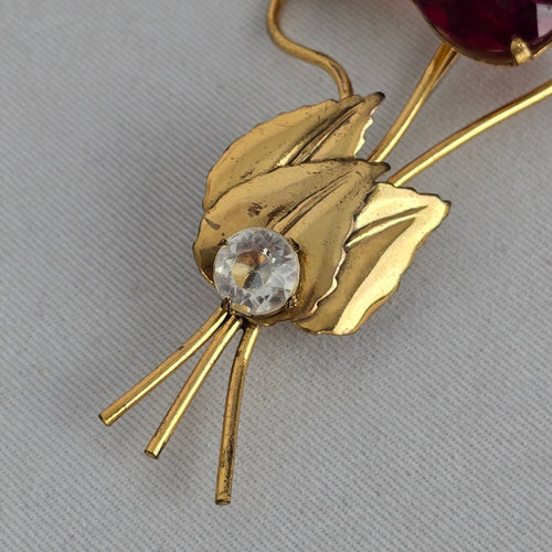 Vintage Gold-Tone Floral Brooch with Red Oval Stone