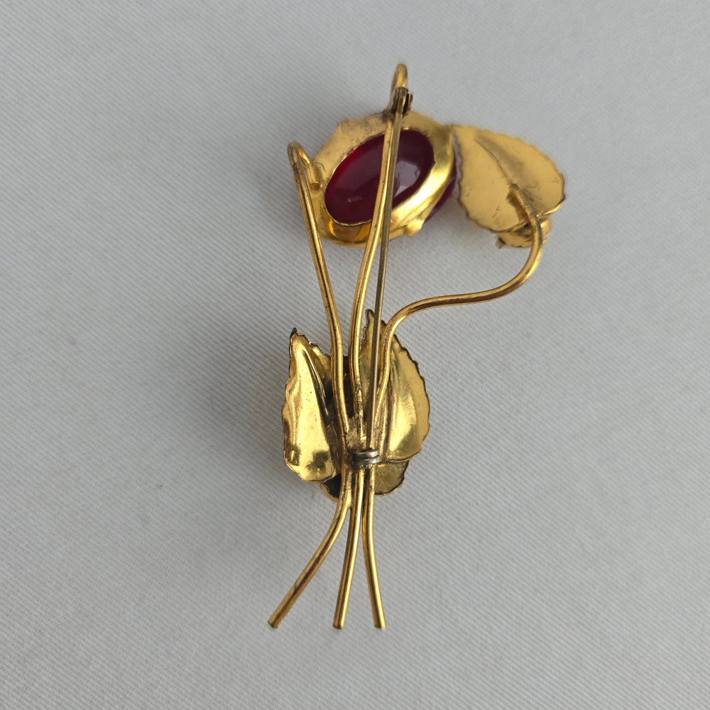 Vintage Gold-Tone Floral Brooch with Red Oval Stone