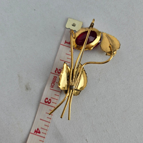Vintage Gold-Tone Floral Brooch with Red Oval Stone