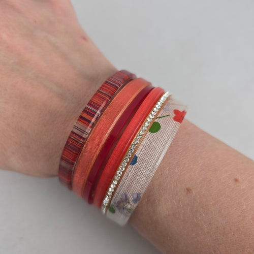 Color By Amber Set of 5 Mixed Red, Floral and Rhinestone Cuff Bangle Bracelets