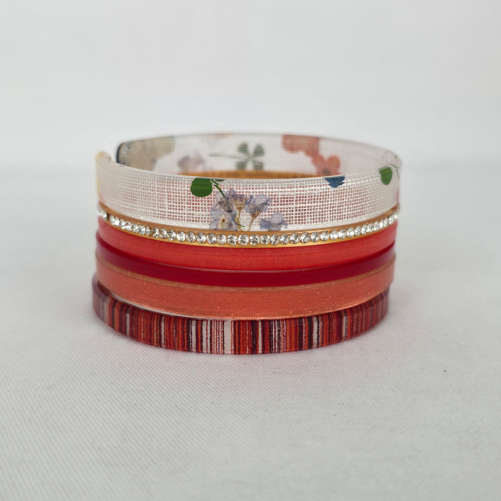Color By Amber Set of 5 Mixed Red, Floral and Rhinestone Cuff Bangle Bracelets