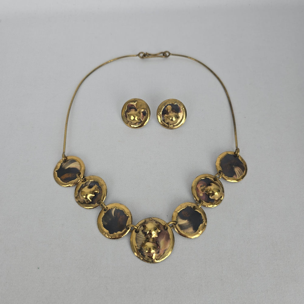 Vintage Gold-Tone Mixed Metal Disc Necklace and Stud Earring Set