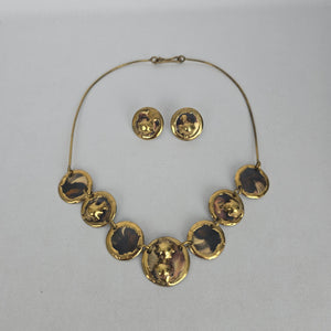 Vintage Gold-Tone Mixed Metal Disc Necklace and Stud Earring Set