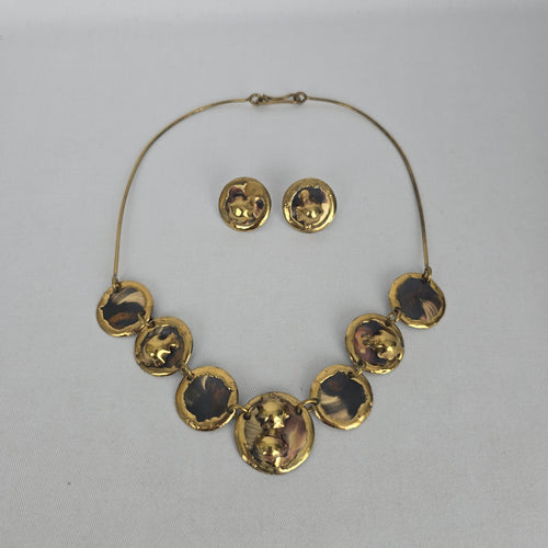 Vintage Gold-Tone Mixed Metal Disc Necklace and Stud Earring Set