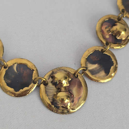 Vintage Gold-Tone Mixed Metal Disc Necklace and Stud Earring Set