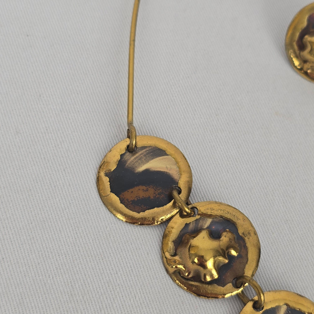 Vintage Gold-Tone Mixed Metal Disc Necklace and Stud Earring Set