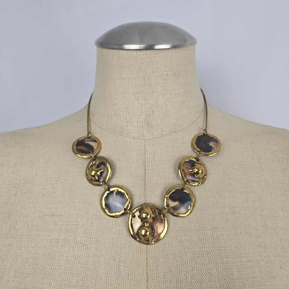 Vintage Gold-Tone Mixed Metal Disc Necklace and Stud Earring Set
