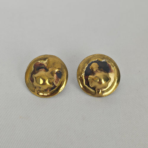 Vintage Gold-Tone Mixed Metal Disc Necklace and Stud Earring Set