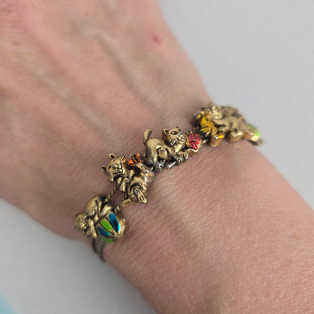 Vintage Whimsical Cat Charm Bracelet — Gold-Tone with Enamel Accents