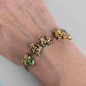 Vintage Whimsical Cat Charm Bracelet — Gold-Tone with Enamel Accents