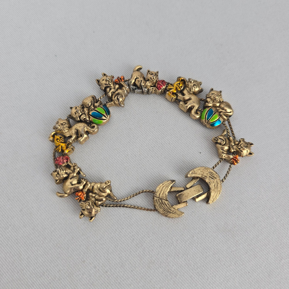 Vintage Whimsical Cat Charm Bracelet — Gold-Tone with Enamel Accents