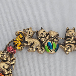 Vintage Whimsical Cat Charm Bracelet — Gold-Tone with Enamel Accents