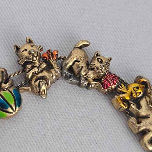 Vintage Whimsical Cat Charm Bracelet — Gold-Tone with Enamel Accents
