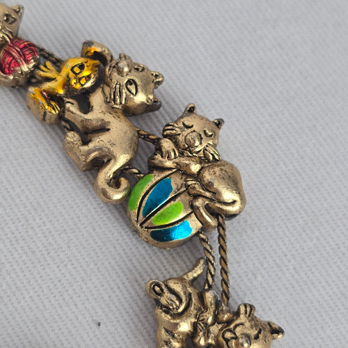 Vintage Whimsical Cat Charm Bracelet — Gold-Tone with Enamel Accents