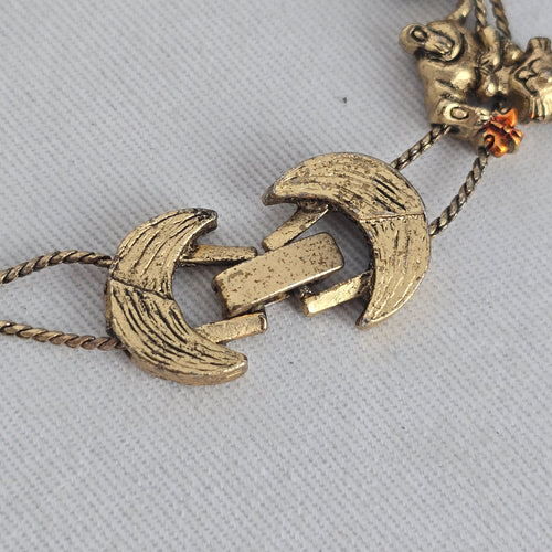 Vintage Whimsical Cat Charm Bracelet — Gold-Tone with Enamel Accents