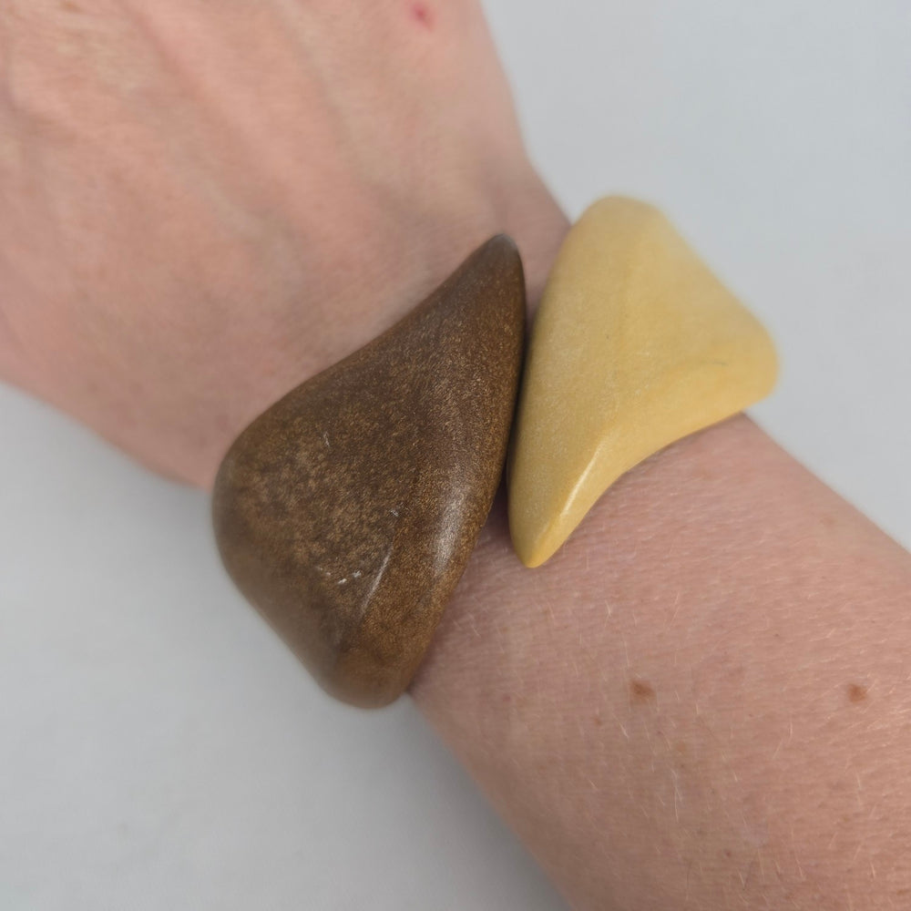 Vintage Two-Tone Carved Wood Hinged Bangle Bracelet