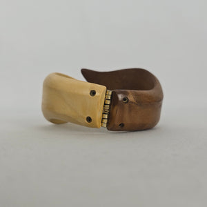 Vintage Two-Tone Carved Wood Hinged Bangle Bracelet