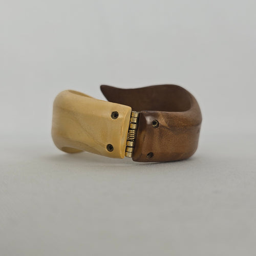 Vintage Two-Tone Carved Wood Hinged Bangle Bracelet