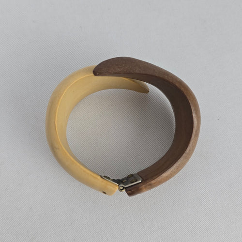Vintage Two-Tone Carved Wood Hinged Bangle Bracelet