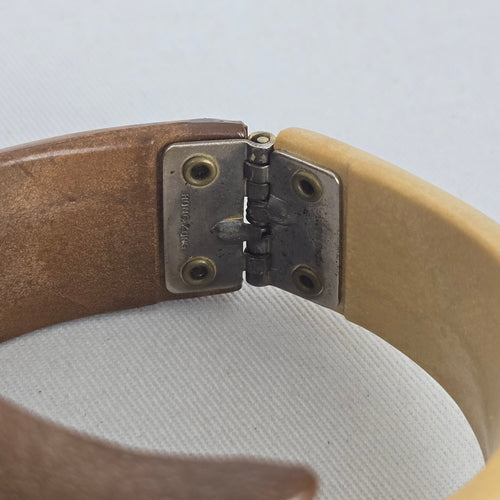 Vintage Two-Tone Carved Wood Hinged Bangle Bracelet