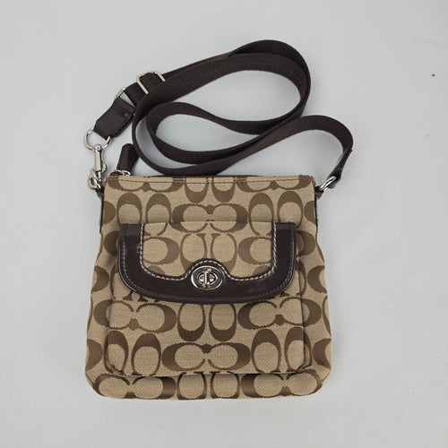 Coach Signature Jacquard Turnlock Crossbody Bag Khaki Brown