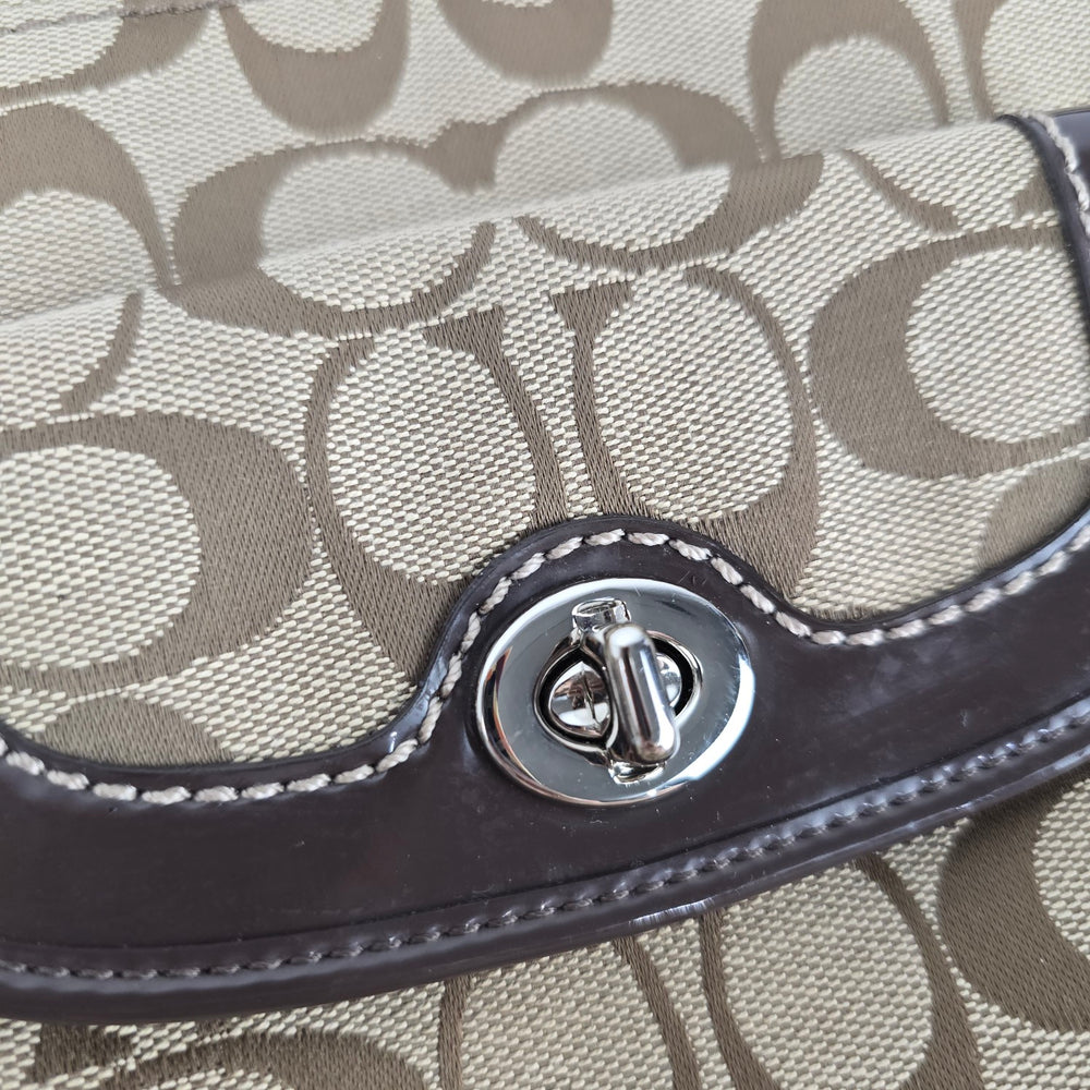 Coach Signature Jacquard Turnlock Crossbody Bag Khaki Brown