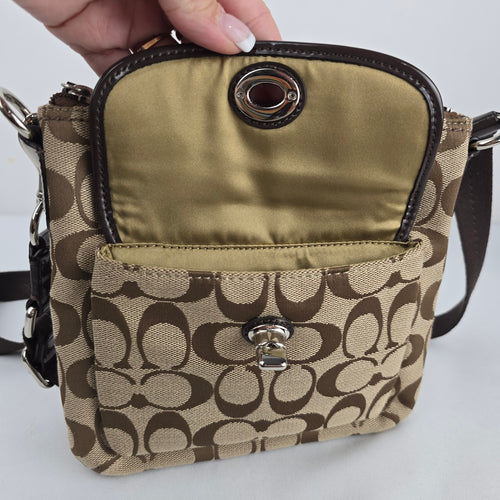 Coach Signature Jacquard Turnlock Crossbody Bag Khaki Brown