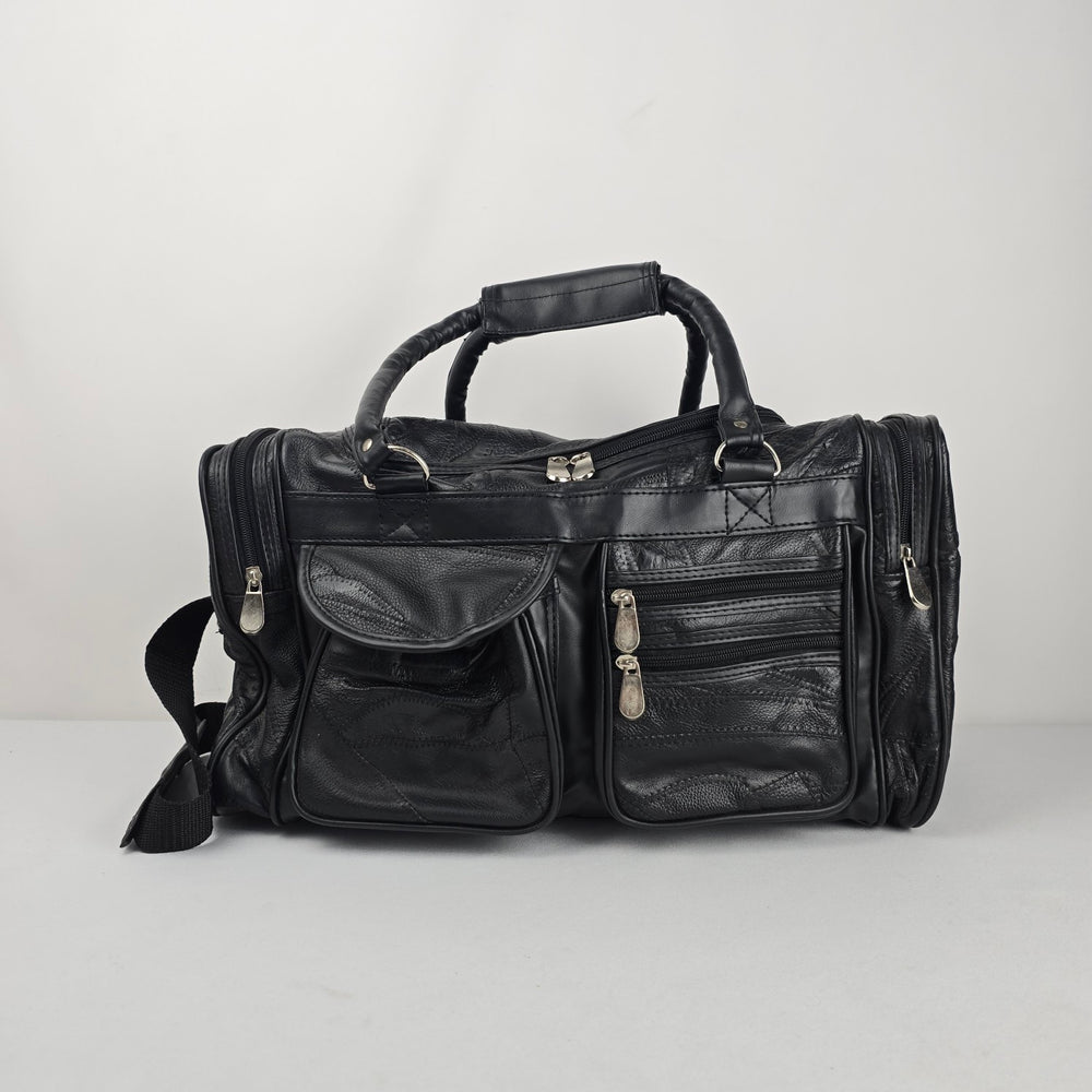 Vintage Black Leather Duffel Weekender Bag Multi-Pocket