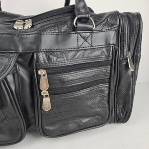Vintage Black Leather Duffel Weekender Bag Multi-Pocket