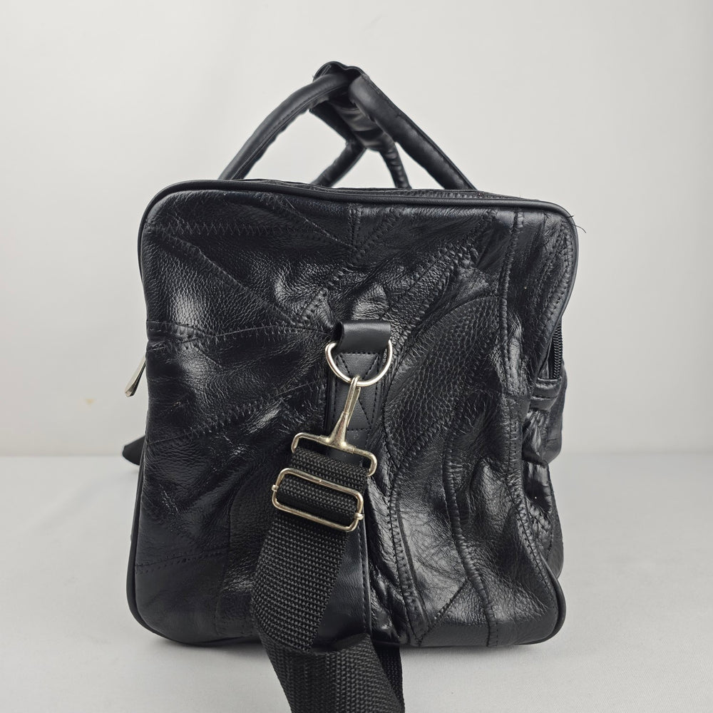 Vintage Black Leather Duffel Weekender Bag Multi-Pocket