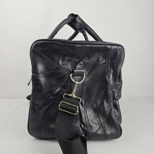 Vintage Black Leather Duffel Weekender Bag Multi-Pocket