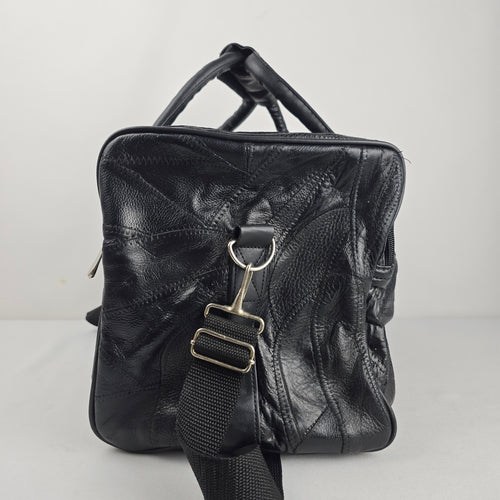 Vintage Black Leather Duffel Weekender Bag Multi-Pocket