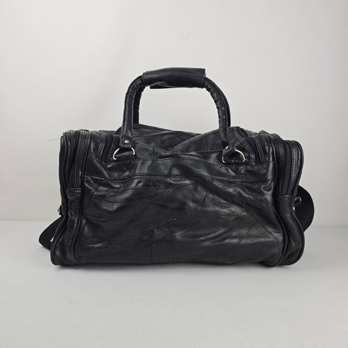 Vintage Black Leather Duffel Weekender Bag Multi-Pocket