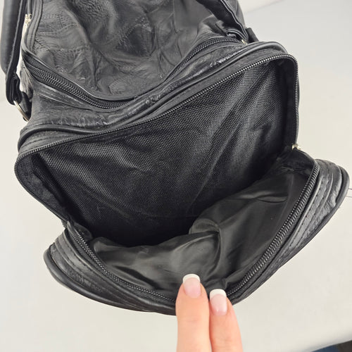Vintage Black Leather Duffel Weekender Bag Multi-Pocket