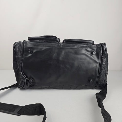 Vintage Black Leather Duffel Weekender Bag Multi-Pocket