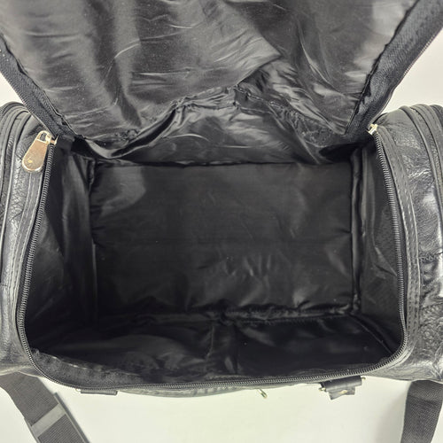 Vintage Black Leather Duffel Weekender Bag Multi-Pocket