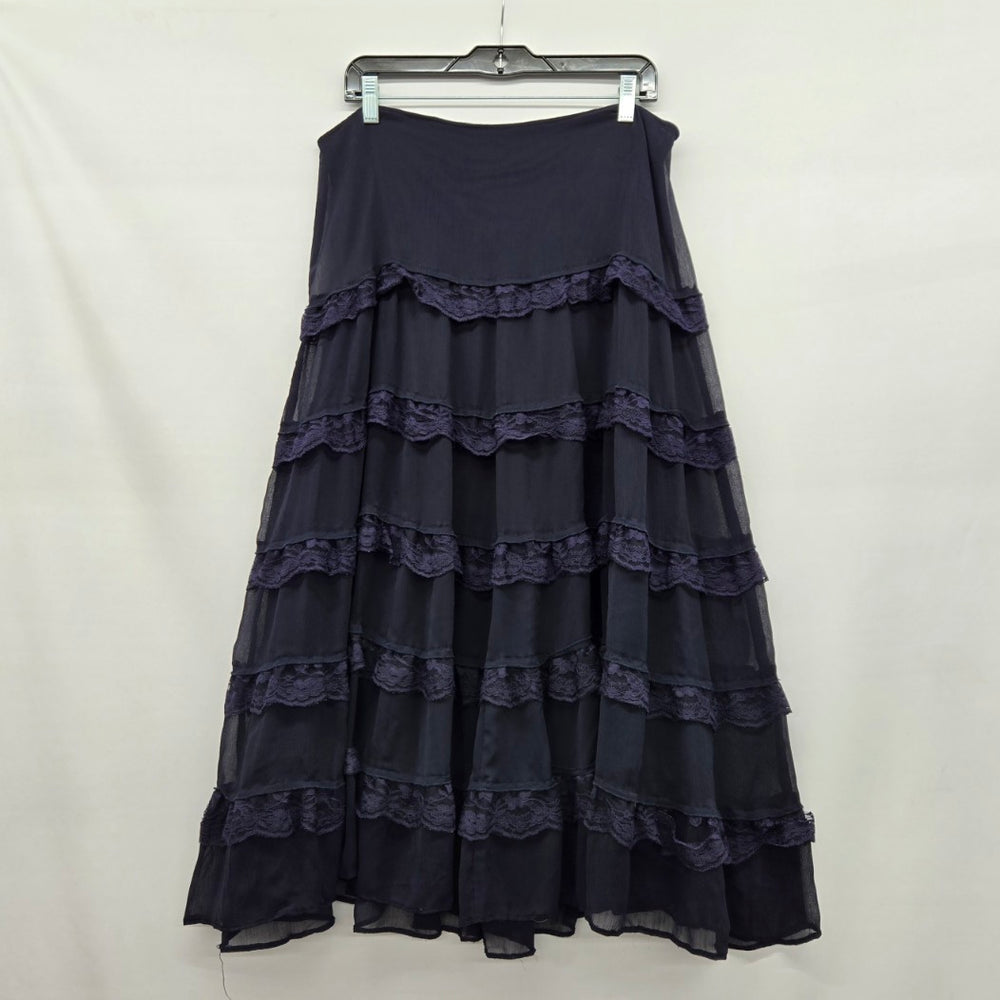 Jessica Tiered Lace Ruffle Midi Skirt Navy -Size L