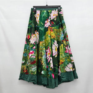 Lotus Floral Print Midi Skirt Green Pink - Size S/M