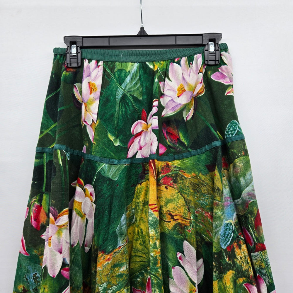 Lotus Floral Print Midi Skirt Green Pink - Size S/M