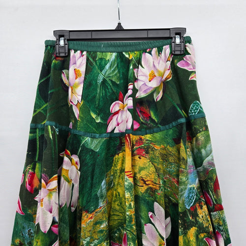 Lotus Floral Print Midi Skirt Green Pink - Size S/M