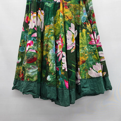 Lotus Floral Print Midi Skirt Green Pink - Size S/M