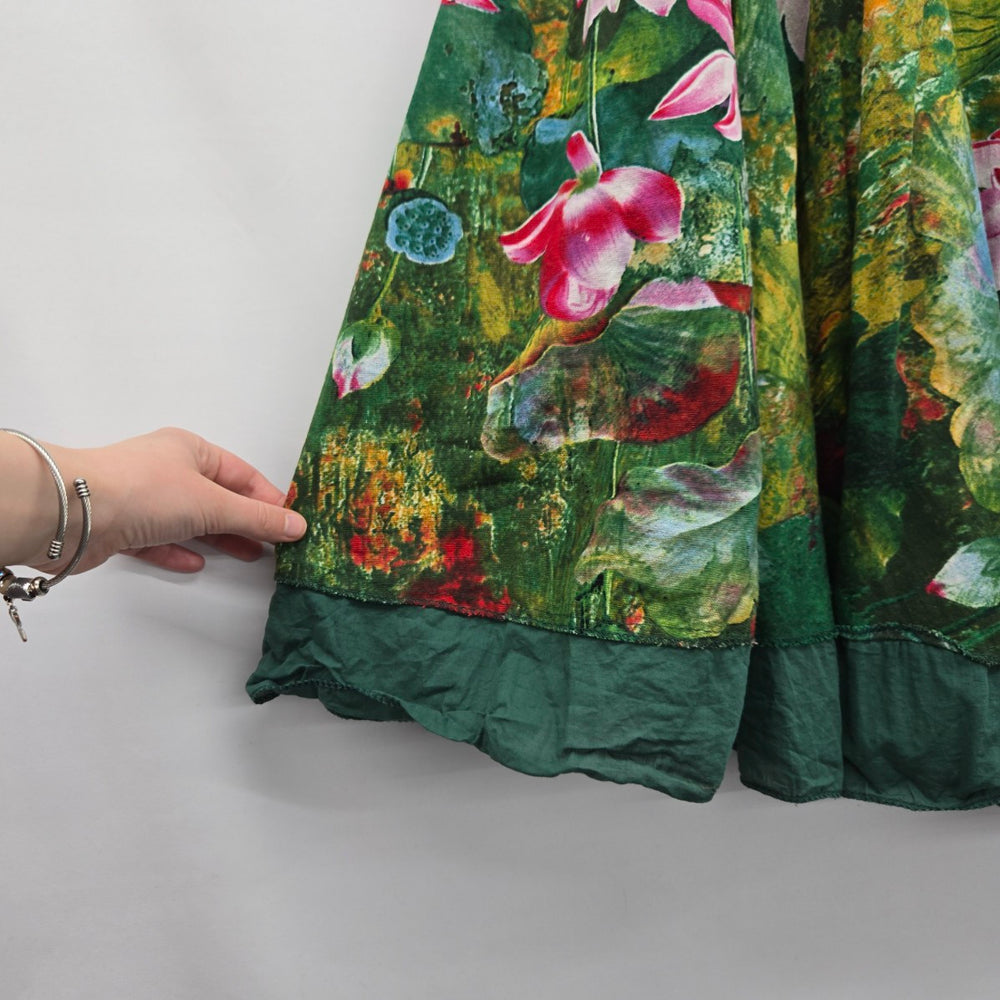 Lotus Floral Print Midi Skirt Green Pink - Size S/M