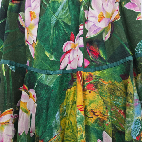 Lotus Floral Print Midi Skirt Green Pink - Size S/M