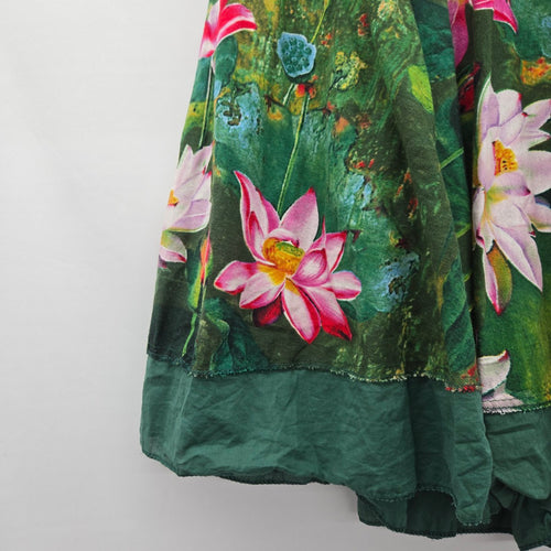 Lotus Floral Print Midi Skirt Green Pink - Size S/M