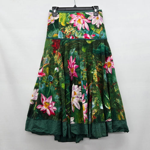 Lotus Floral Print Midi Skirt Green Pink - Size S/M