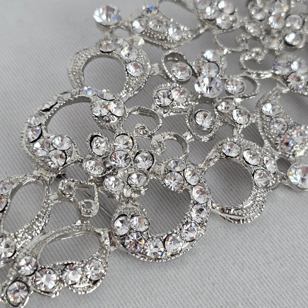 Silver Tone Crystal Openwork Brooch Dual Pin